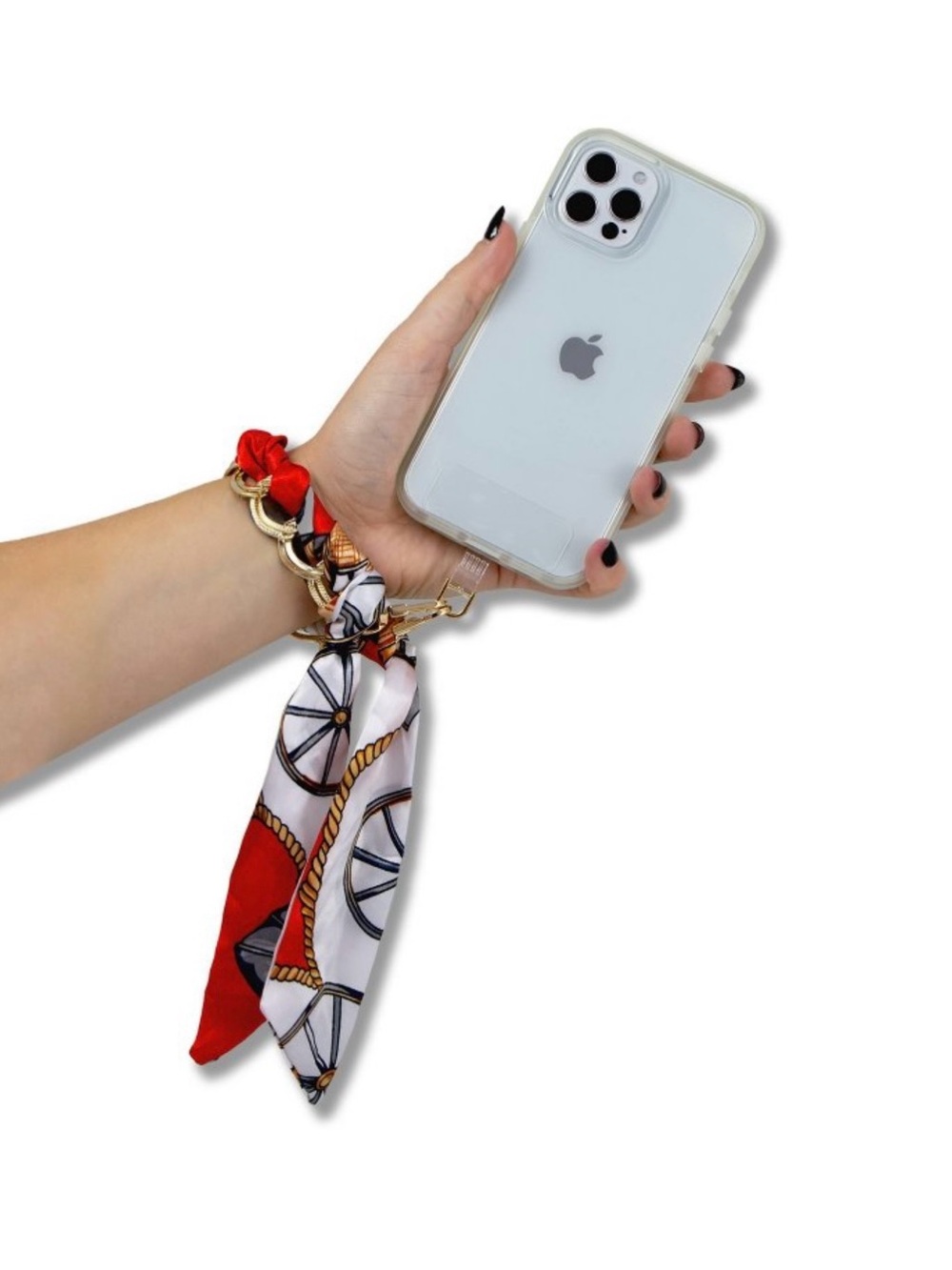 NIB Gold Chain Scarf Bracelet with Red and White Silk Tie phone wrist